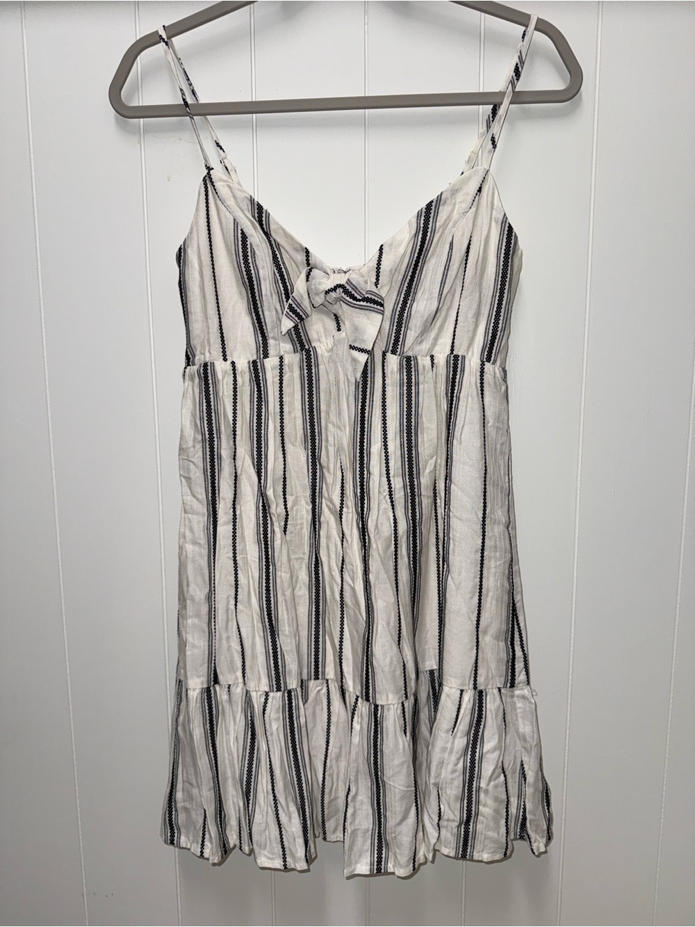 Blue Rain Francesca’s Ivory Black Striped Tie Front Mini Dress XS NWT
